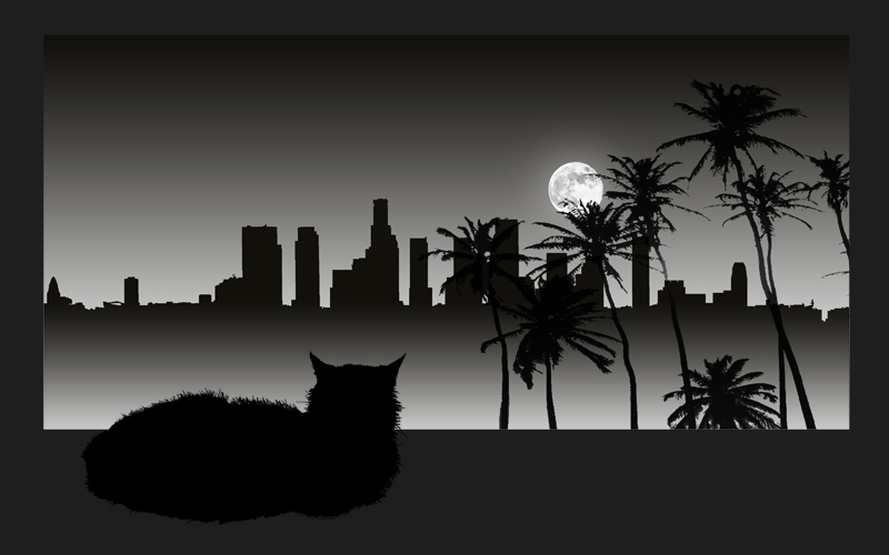 Katze und Palmen vor Silhoette von Los Angeles mit Mond