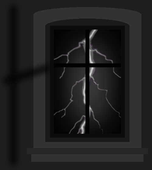 Blick durch ein Fenster auf einen Blitz