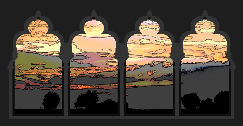 Sonnenuntergang durch Fensterreihe